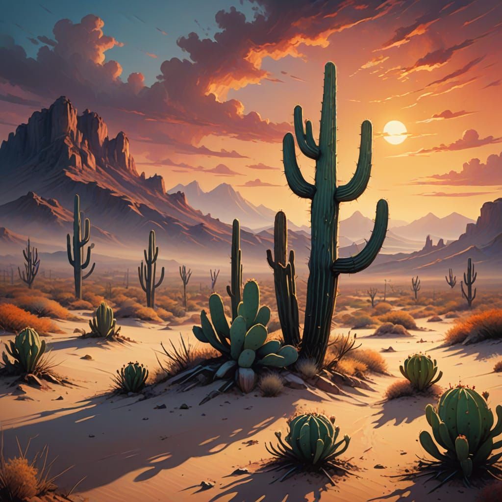 Ethereal Cactus Landscape in Surreal Oil Painting Style