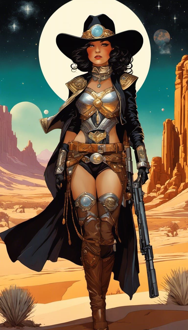 Sci-Fi Art Deco Cowgirl in Noir Western Landscape