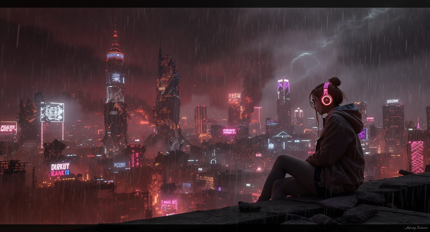 Dystopian Jakarta: Woman in Ruined Cityscape