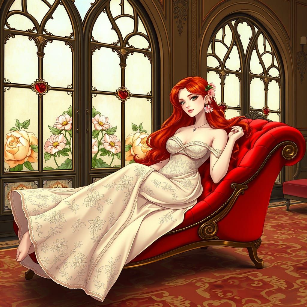Art Nouveau Woman on Red Velvet Chaise Lounge