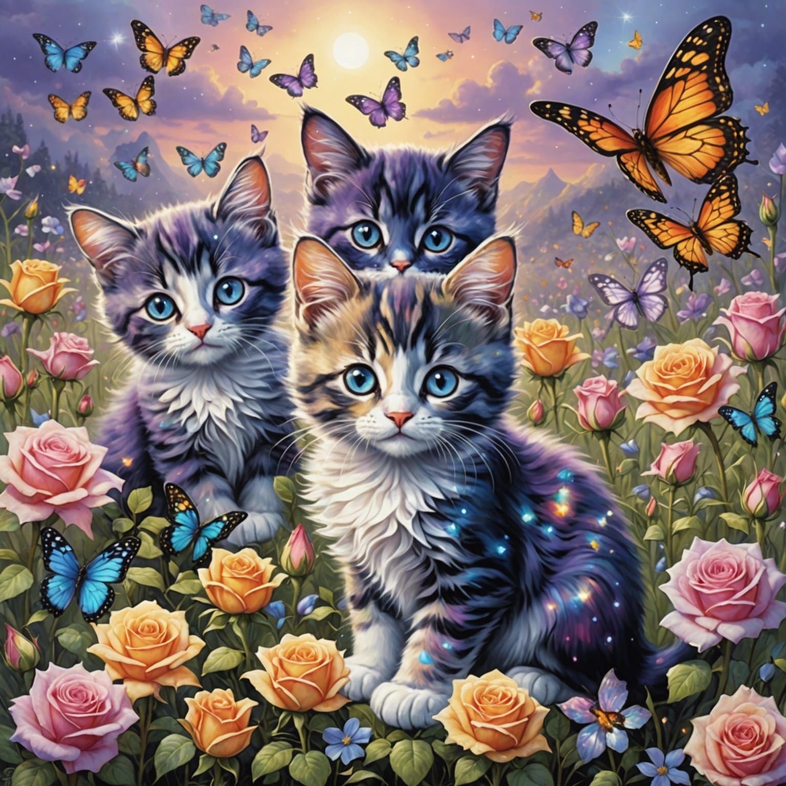 Rainbow Crystal Calico Kittens in Rose Garden