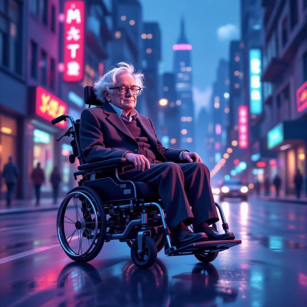 Stephen Hawking Skateboard Wheelchair in Futuristic City