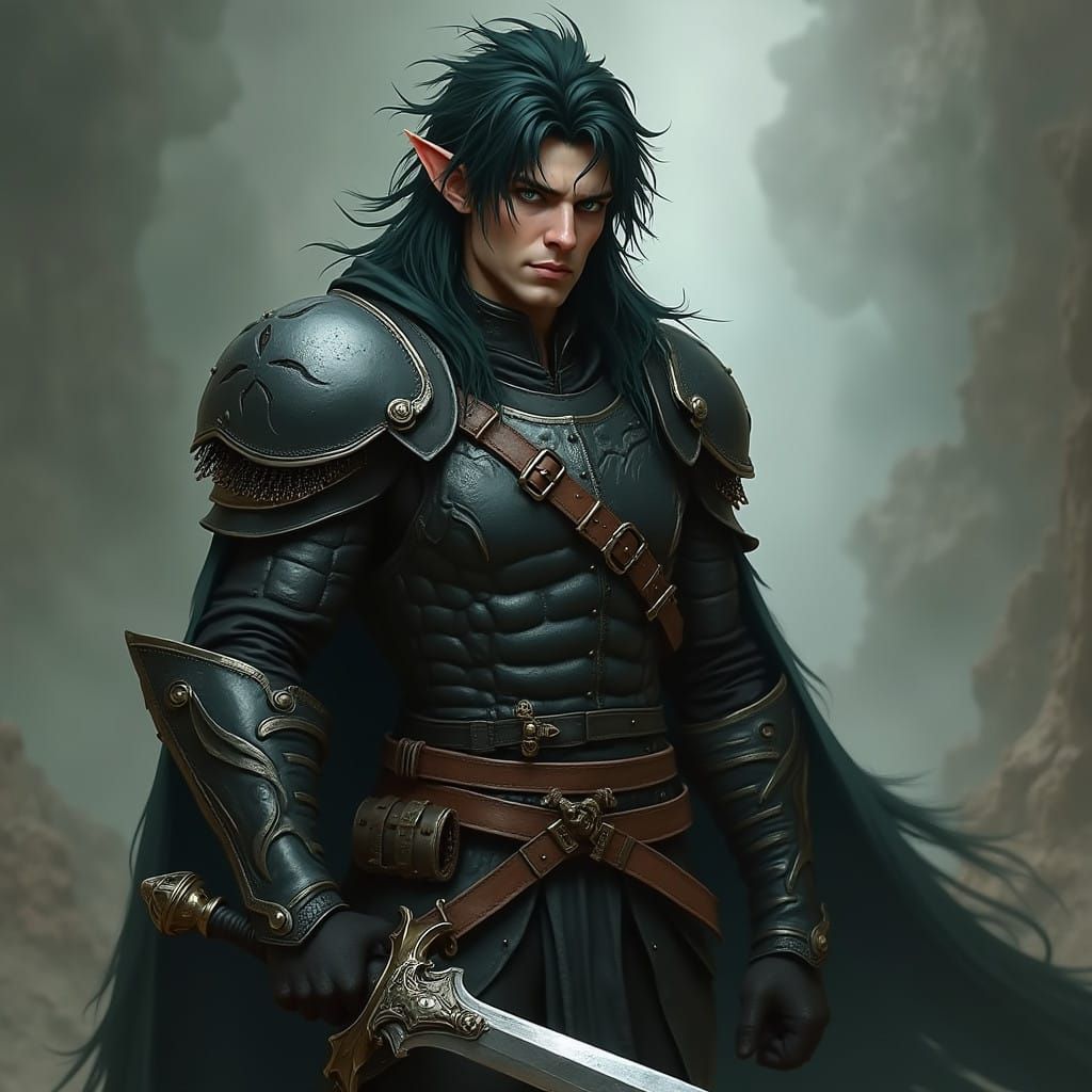 Muscular Half-Elf Warrior in Detailed Fantasy Armor