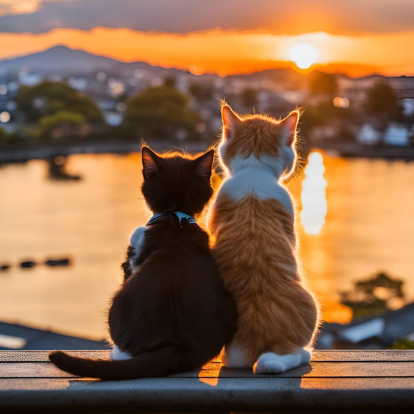 Sunset in Kyoto: Two Kittens Silhouetted