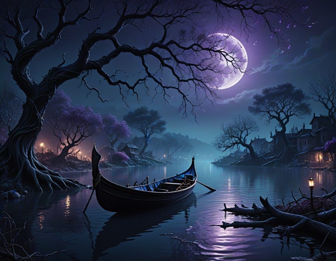 Eerie Gondola on Moonlit River in Dark Fantasy Style