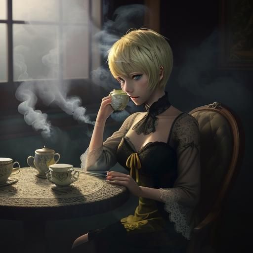 Worried Blonde Woman with Tea: Anime Key Visual