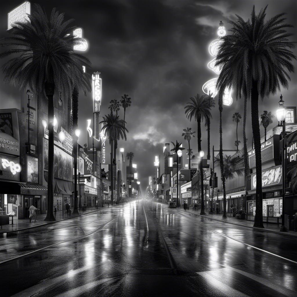 Hollywood Boulevard at Night in Black and White