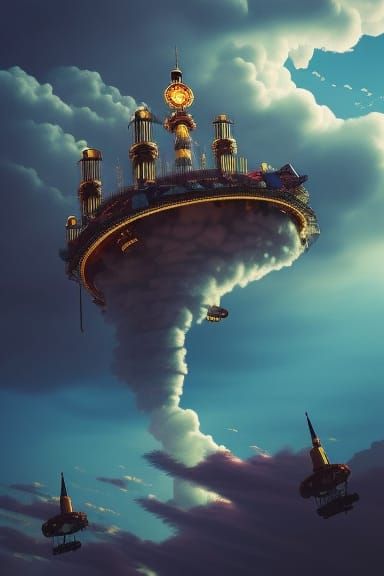 Gravity-Defying Steampunk City with Tornadoes