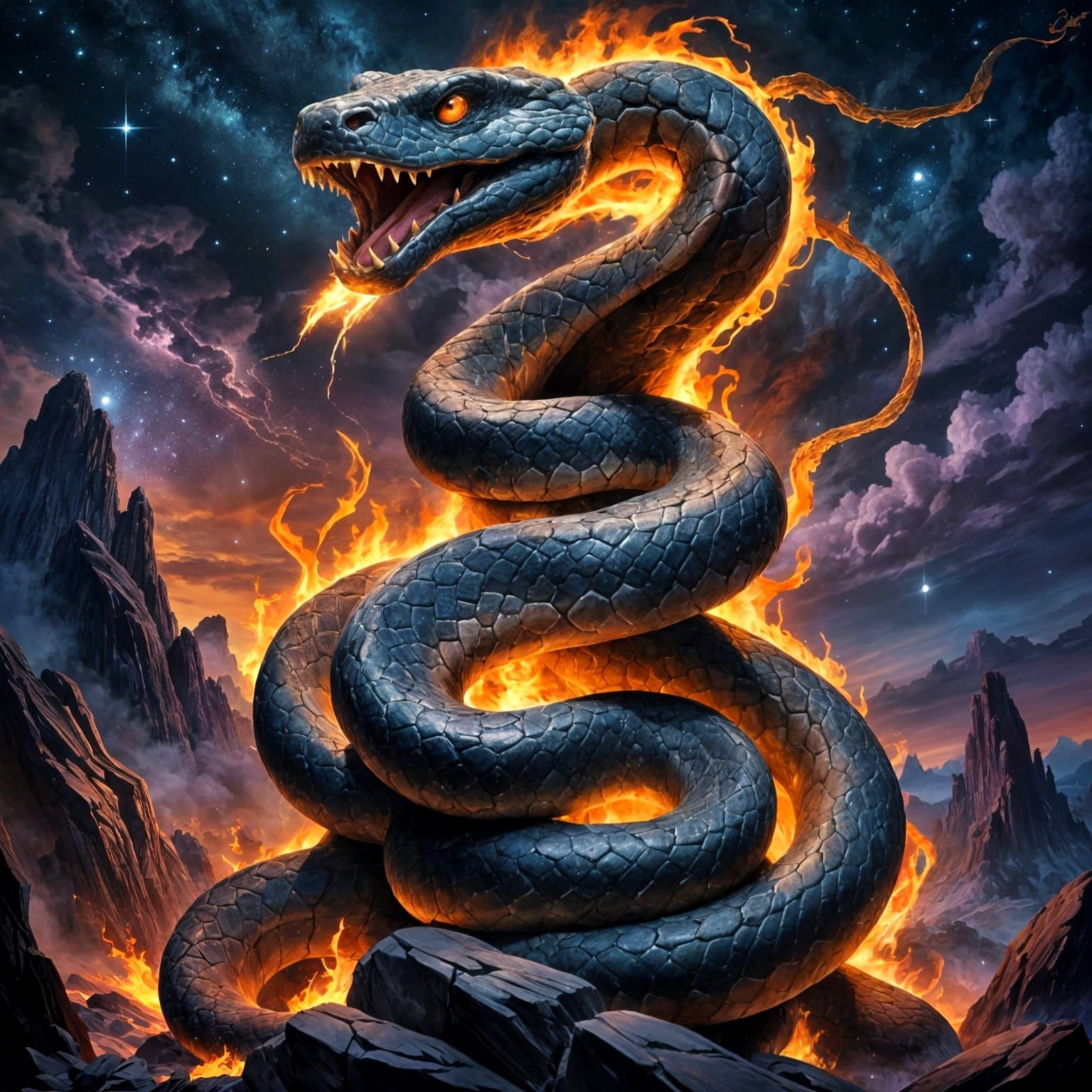 Flaming Rock Snake in Starry Night