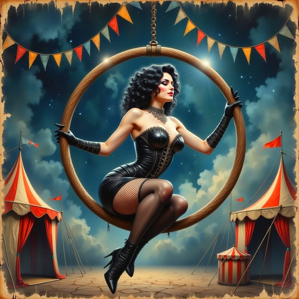 Dark Gothic Circus Scene with Flying Trapeze Artist