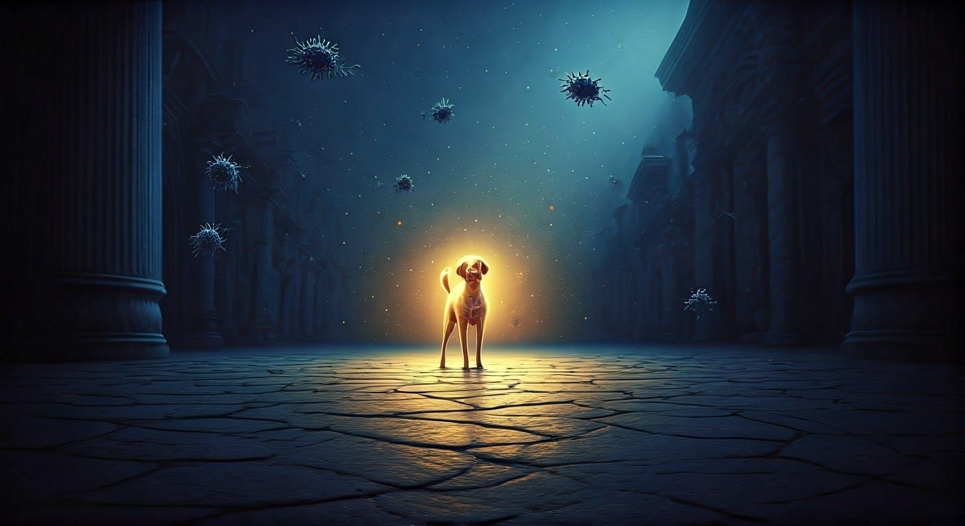 Ethereal Fantasy Scene with Female Dog in Kinkade Style