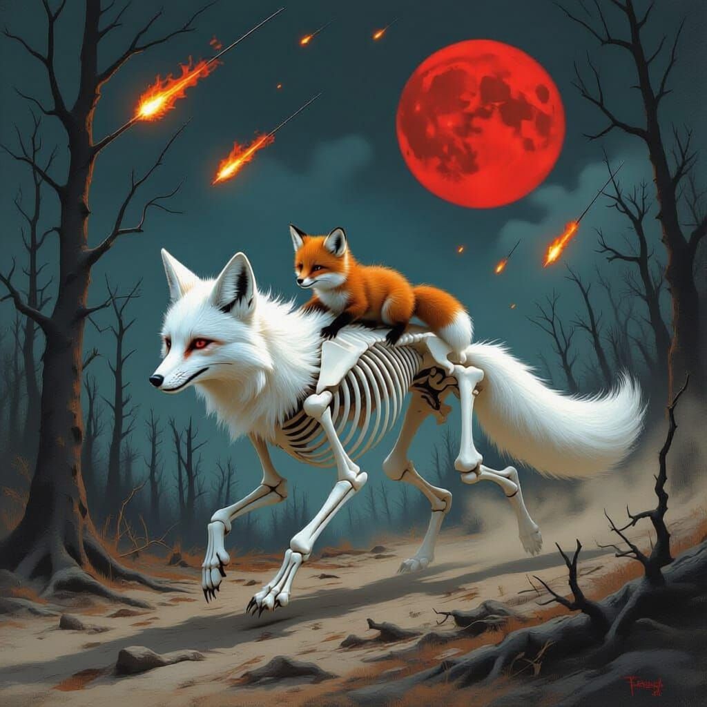 Skeletal Fox Protects Young Fox in Fiery Forest