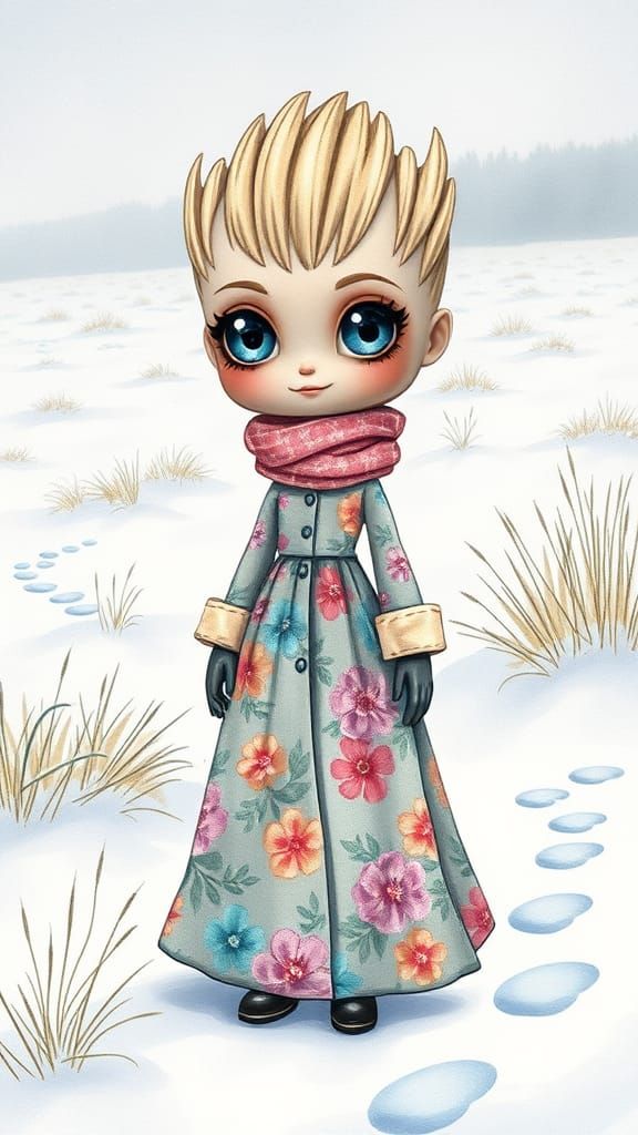 Whimsical Anime Chibi Groot Cinnamoroll in Sparkly Winter Wo...