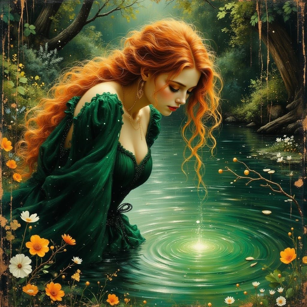 Red-Haired Woman by Pond in Visionary Art Style