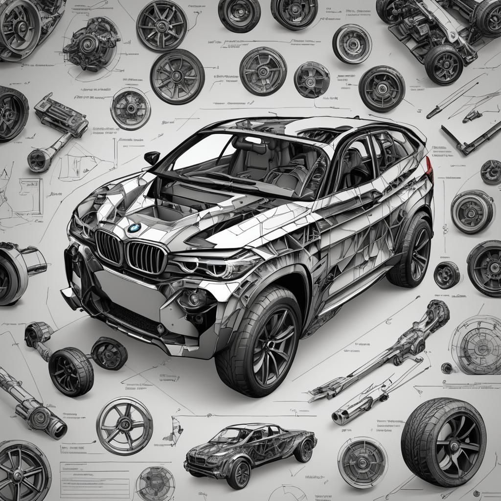 Detailed Technical Drawing of a BMW in Black and White