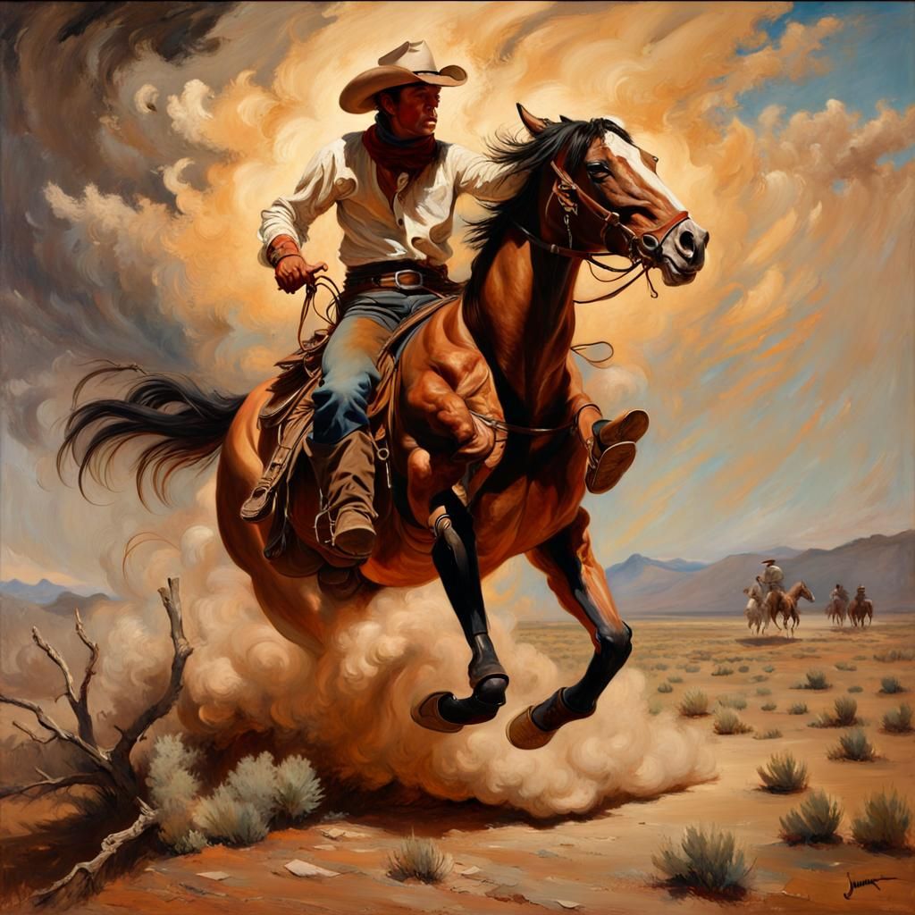 Cowboy on Horseback: Hyperdetailed Romanticism Oil Painting