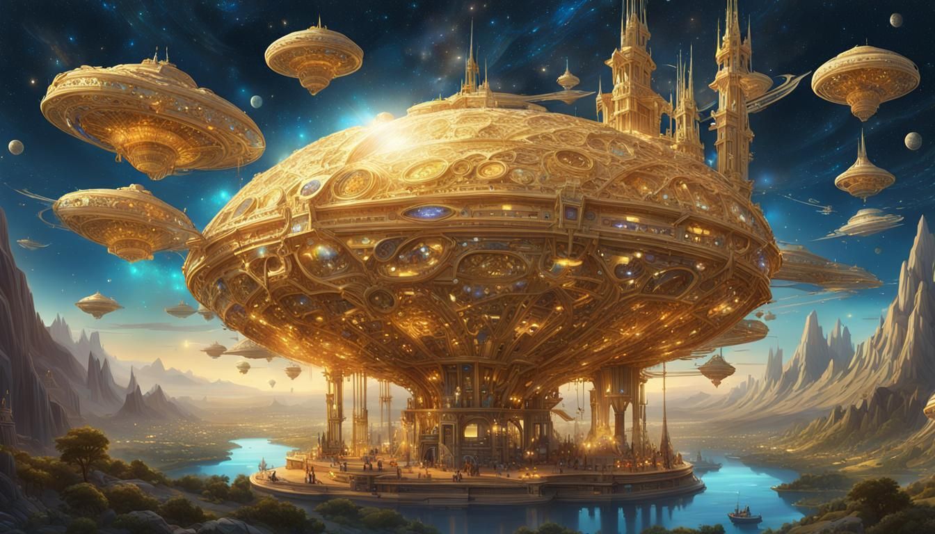Golden Spaceships in Cosmic Landscape, Digital Illustration