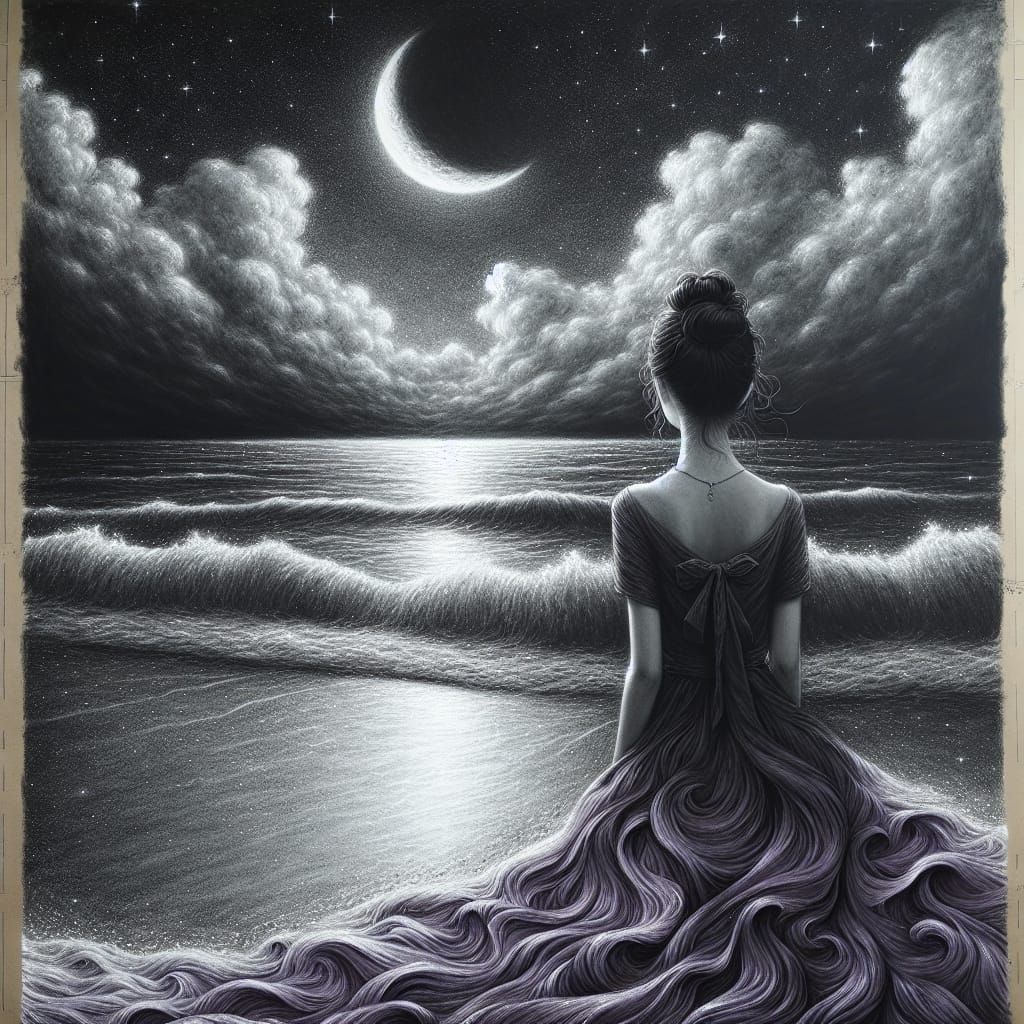 "8hd, a starry night, with cresent moon a Young girl stands looking at the water