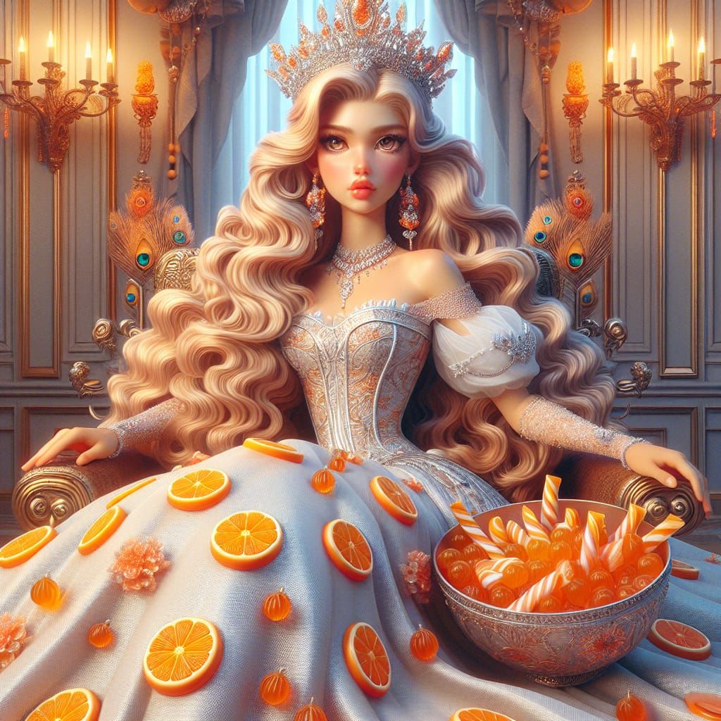 Disney Pixar style 3D absolutely adorable Princess, who loved the candy orange slices, long wavy blonde hair, wearing a ...