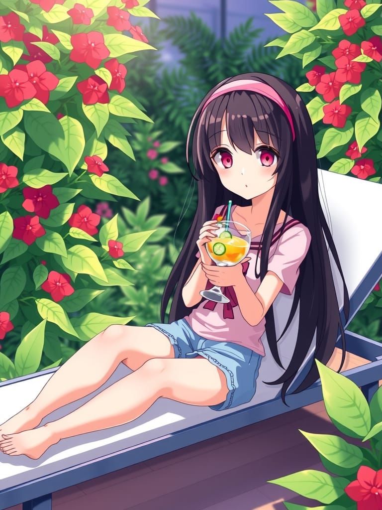Anime Girl in Garden with Drink, Digital Art