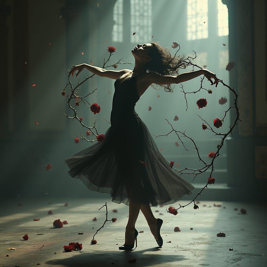 Dancer Transformed by Thorny Rose Vines in Moonlit Ballroom