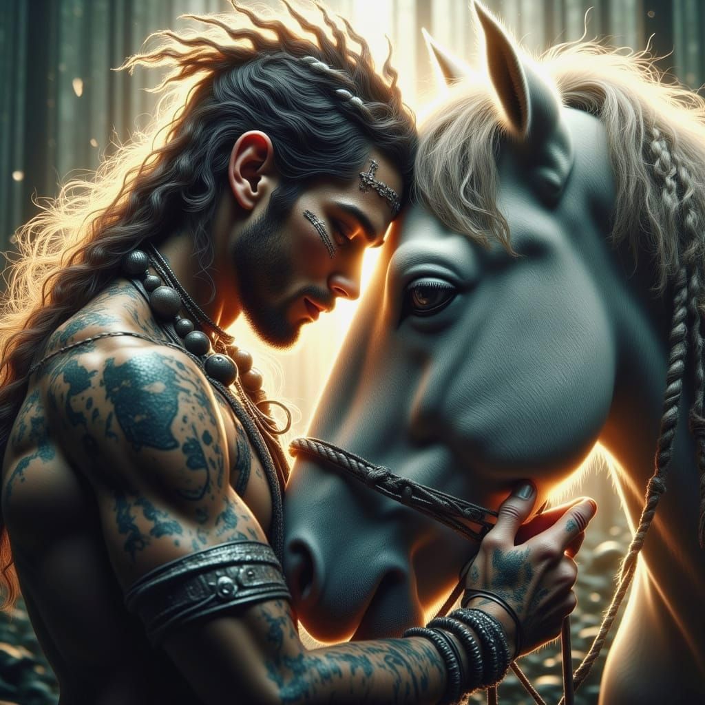 Mystical Warrior and Majestic White Horse in Intimate Bond