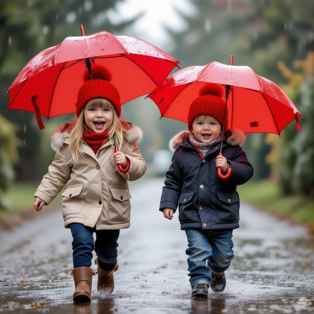 British Girl Laughs Running in Rain with Brother
