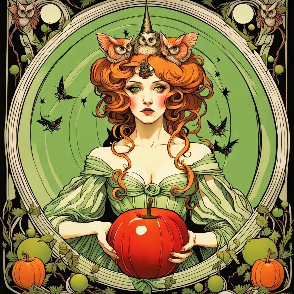 Halloween Candy Apple Queen in Art Nouveau Style