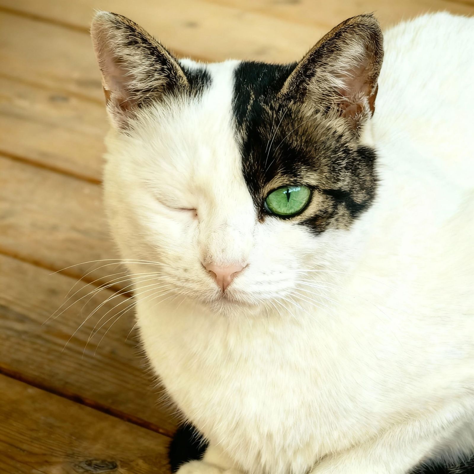One-Eyed White Cat With Tabby Ears