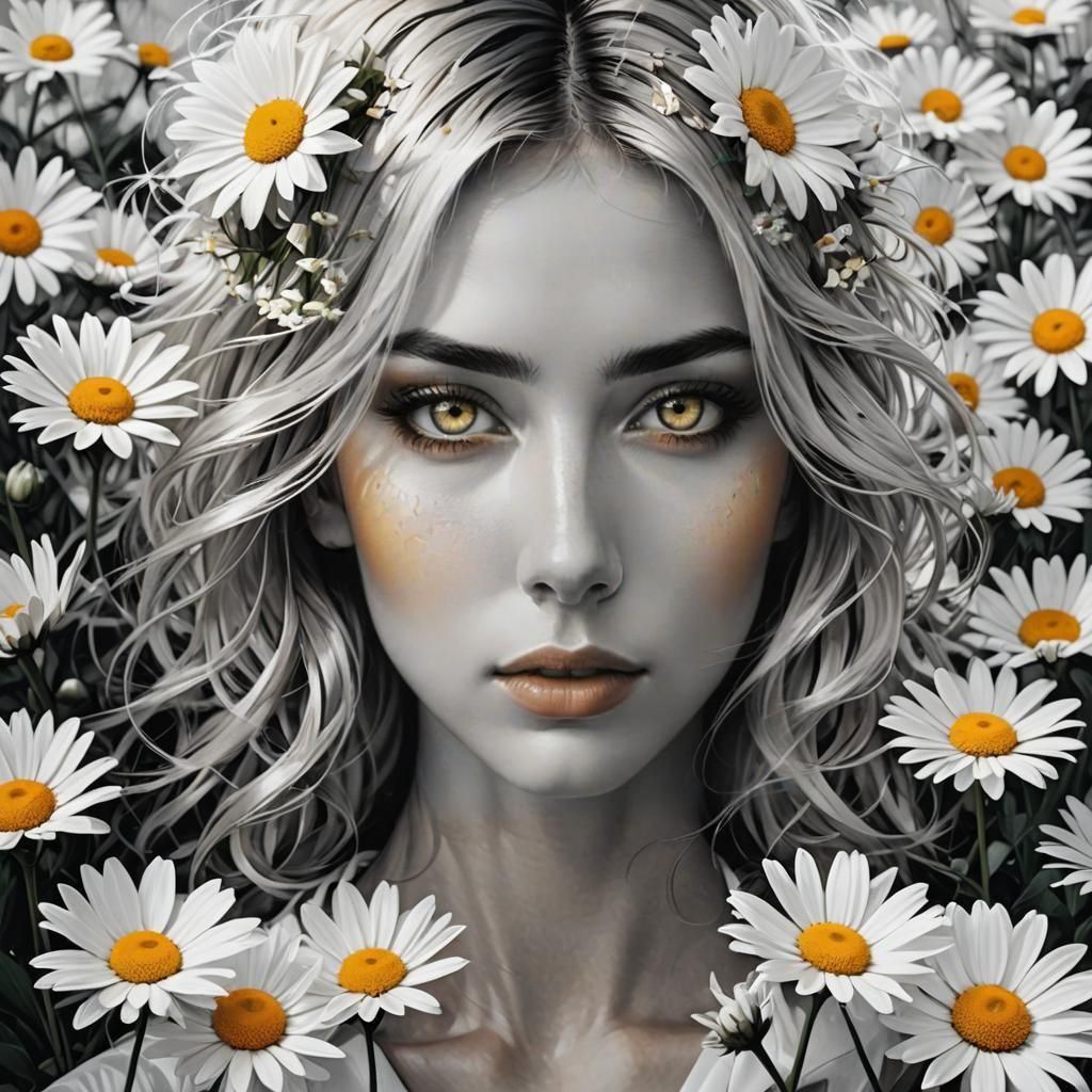 Serene Woman Portrait with Daisies in Soft Light