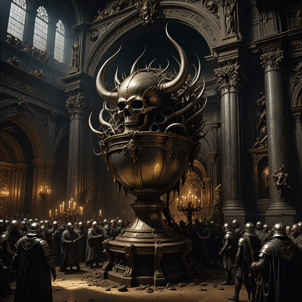 Grotesque Humanoids Drink Gold in Surreal Stock Exchange