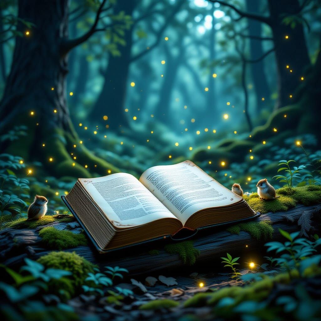 Enchanted Forest Book Scene with Animals and Fireflies