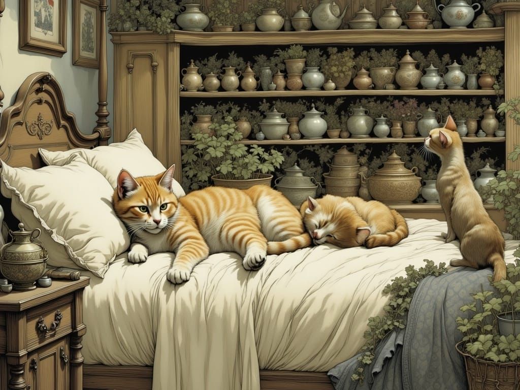 Cats Relaxing Comfortably in Bed, Whimsical Art