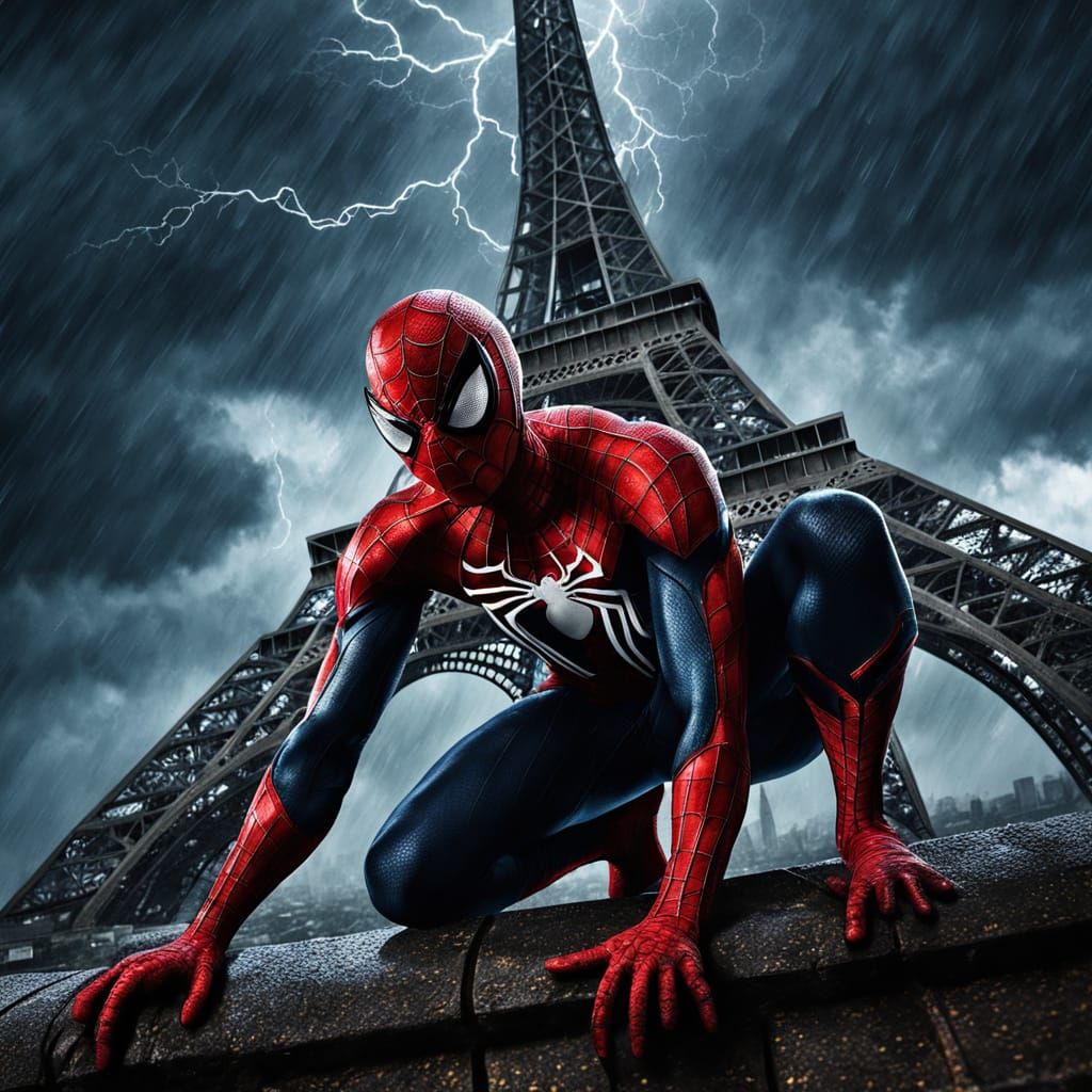 Spider-Man Climbs Eiffel Tower in Dark Fantasy Art