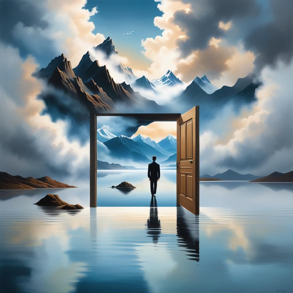 Surreal Doorway on Mountain Lake in Trompe l'Oeil Style