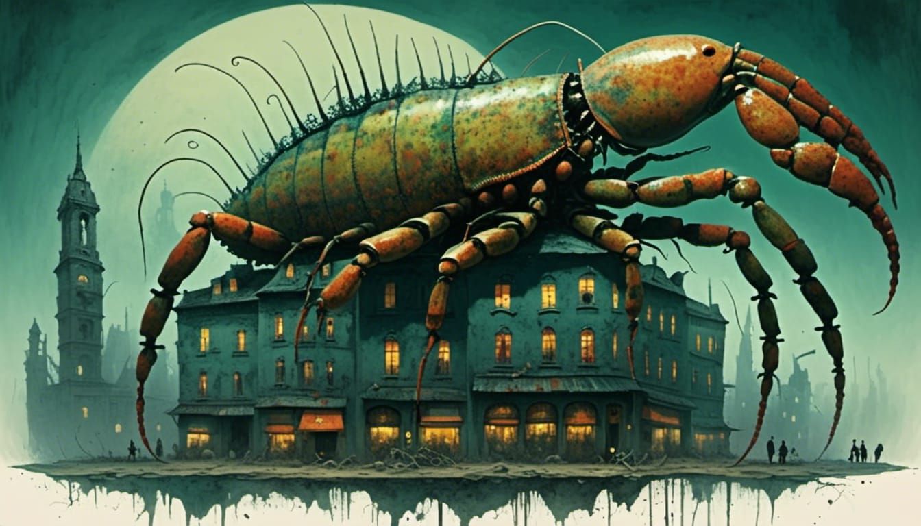 Colossal Lobster-Centipede-Centaur in Ruined City