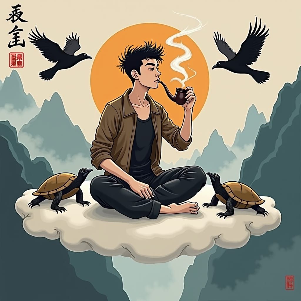 Man Smoking Pipe on Cloud in Tang Dynasty Style