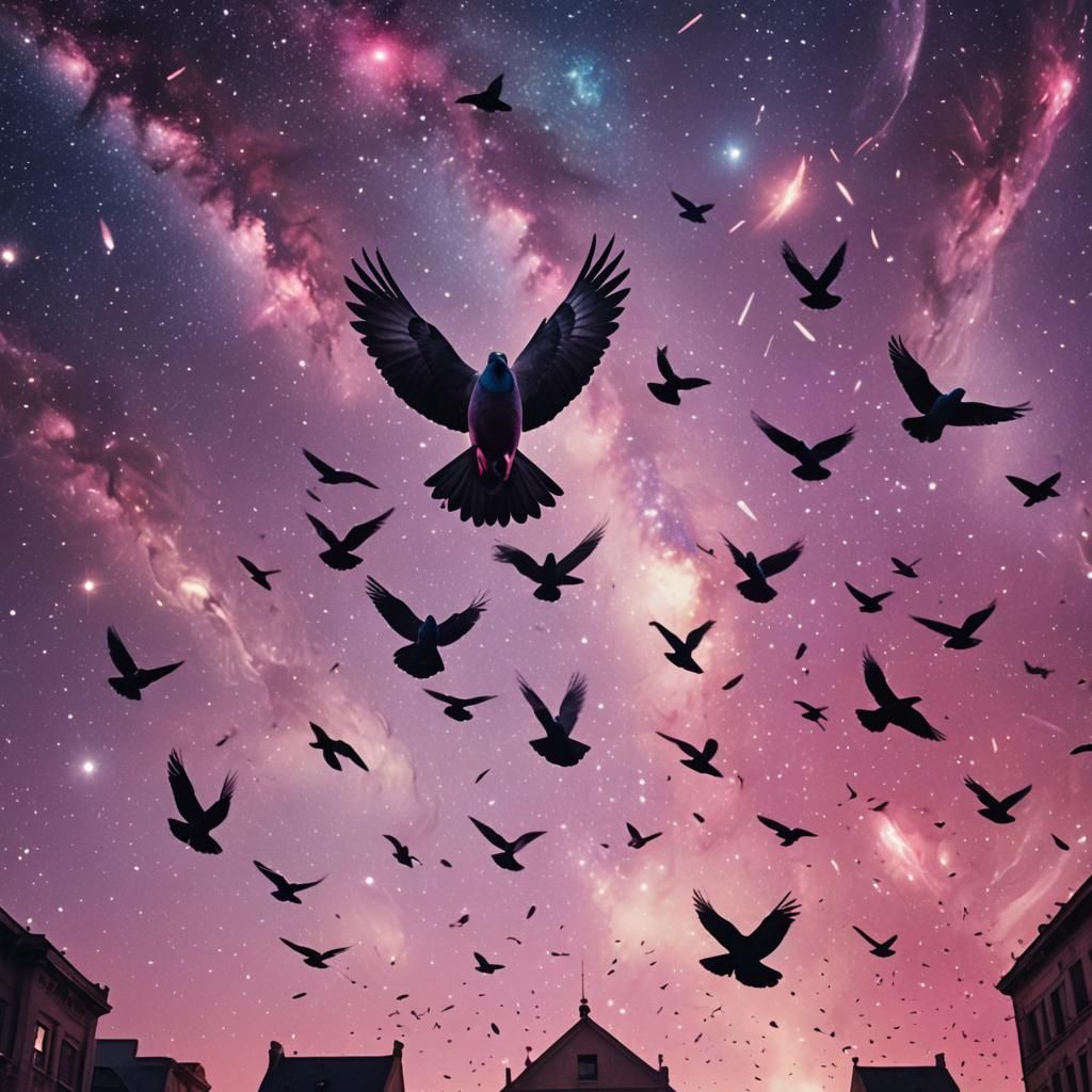 Pigeons with Glowing Eyes in Starry Galaxy