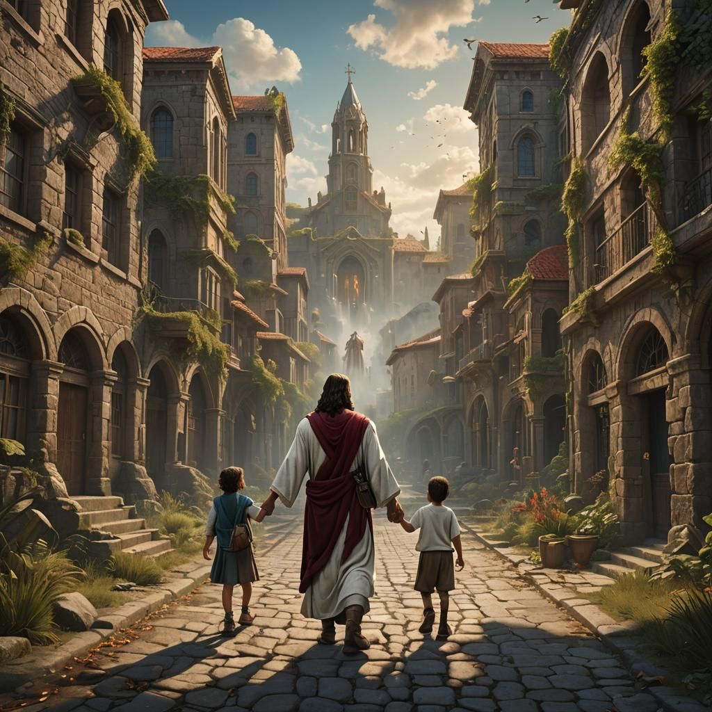 Jesus Leads a Child to Church: Detailed Matte Painting