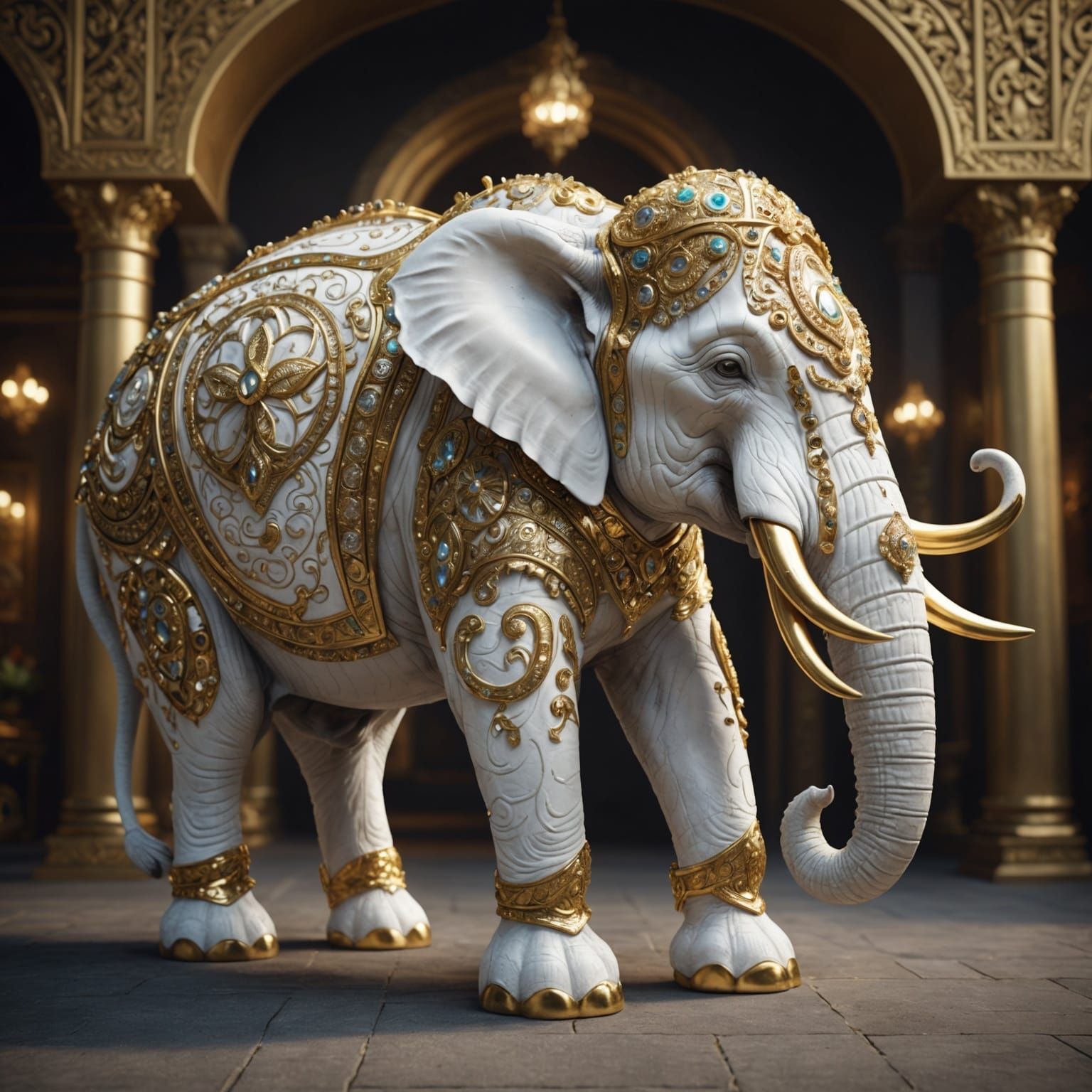 Ornate White Elephant with Glowing Eyes in 8K