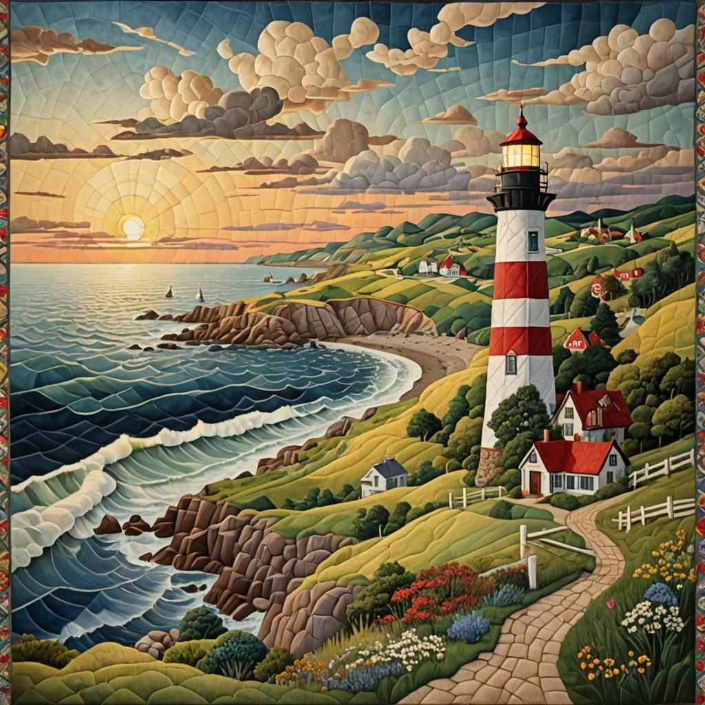 Sunset Lighthouse in Quilted 3D Style