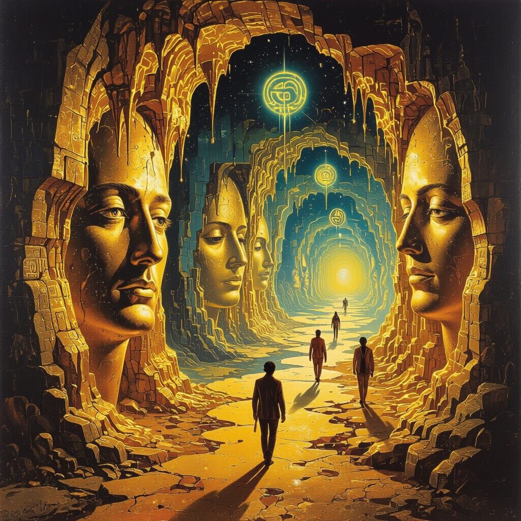 Surreal Gold Mine Labyrinth with Melting Walls