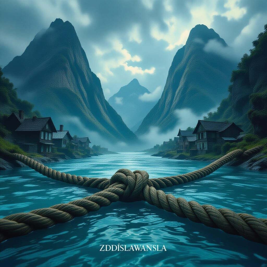 Surreal Landscape: Mountains Bound by Rope Under River