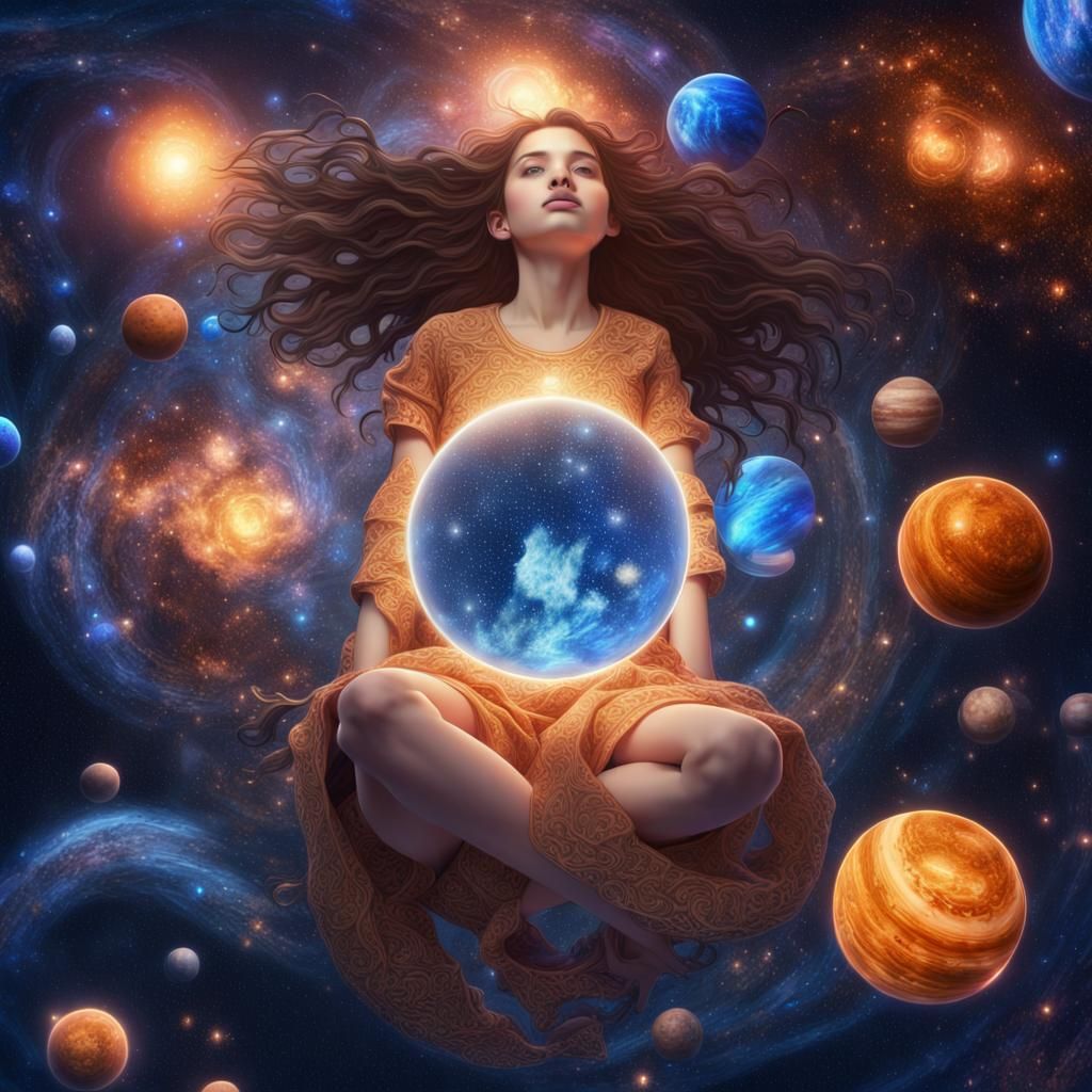 Cosmic Girl Floating in Starry Indigo Depths