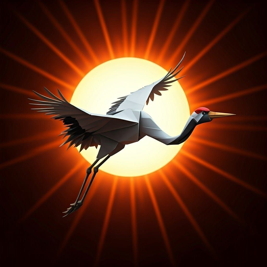 Crane Soaring Above Sun in Origami Style