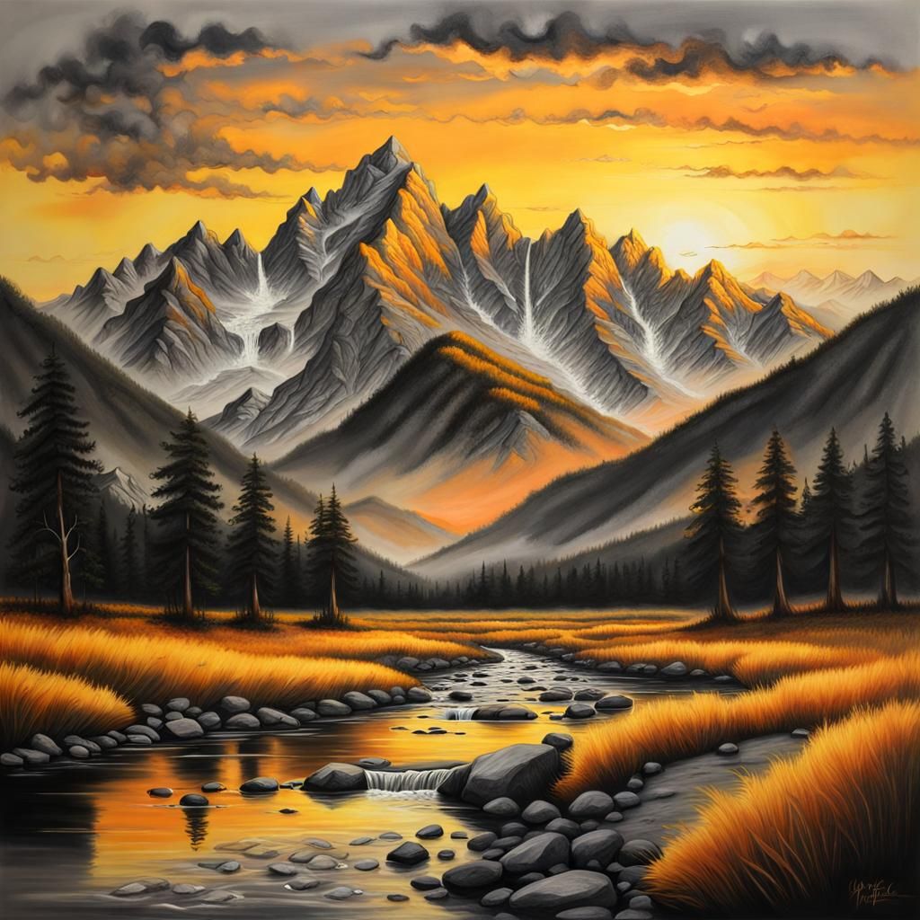 Peaceful Valley Sunset in Soft Charcoal Art