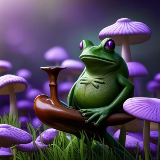 Frog Smoking Pipe in a Purple Flower Field