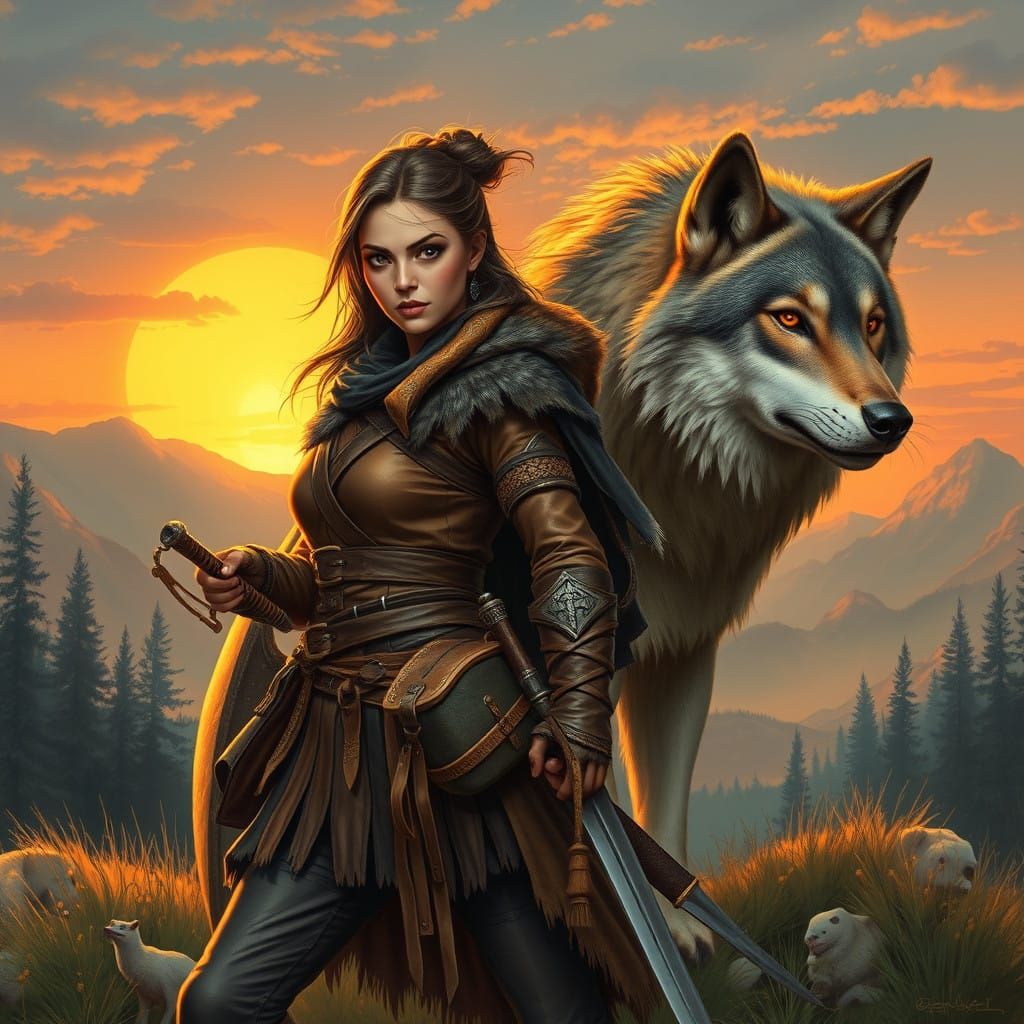 Majestic Warrior and Wolf Traverse a Dusky Landscape at Suns...