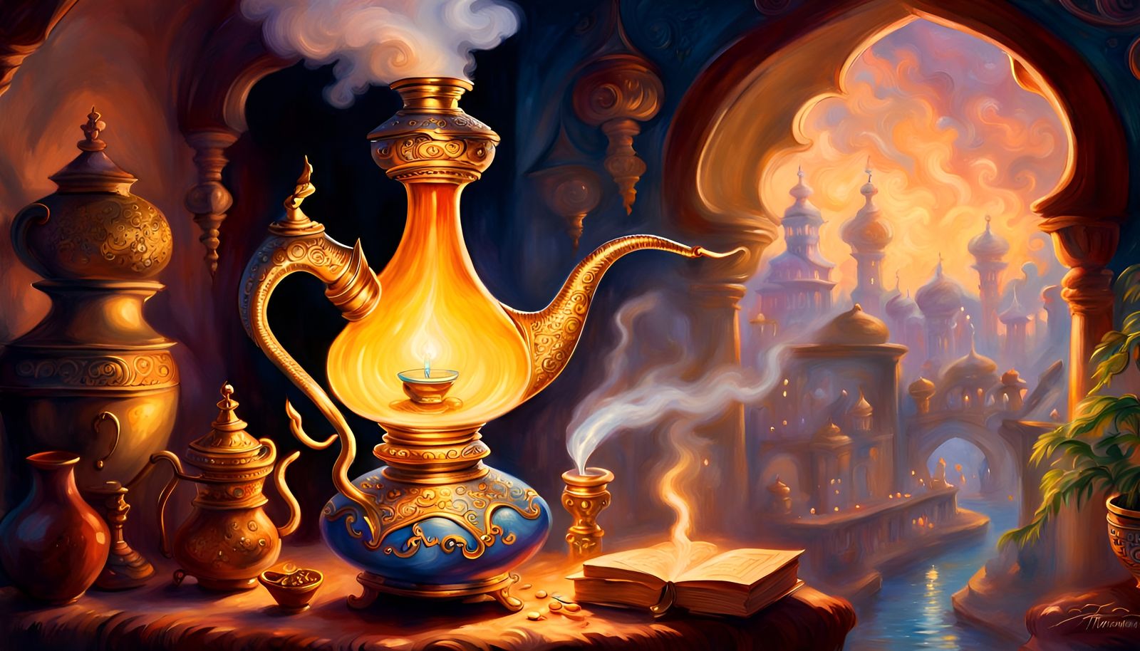 Aladdin's Lamp with Genie in Storybook Style