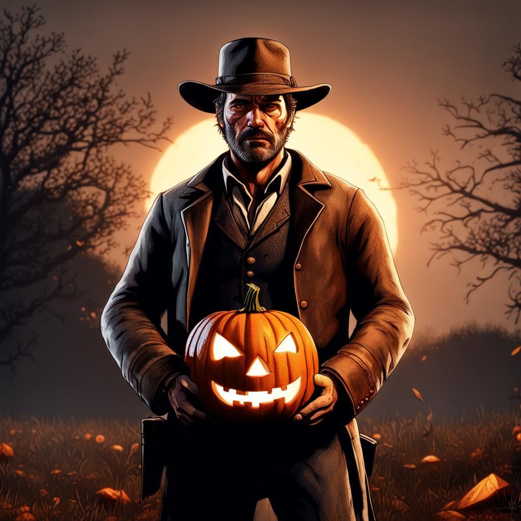 Arthur Morgan with Jack-o'-Lantern: Hyperrealistic Image